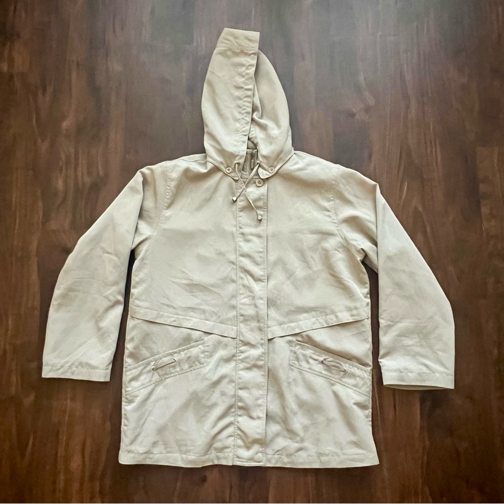 Tudor Court by Haband Beige Zip & Snap Up Hooded Windbreaker Rain Jacket L